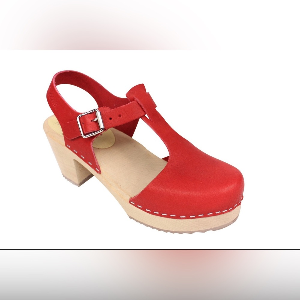 Swedish T-bar Platform Clogs in Red Leather